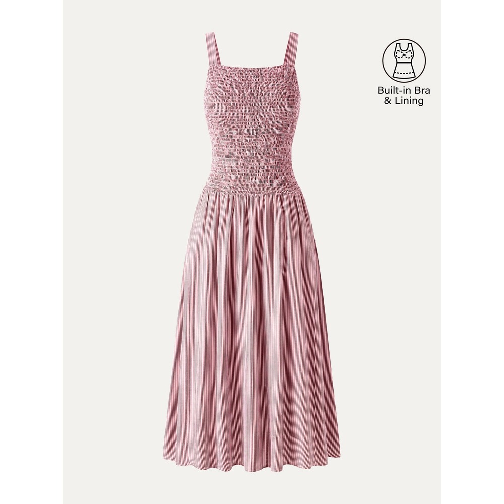 NWT OGL Striped Poplin Square Neck Smocked Midi Bra Dress Pink White M